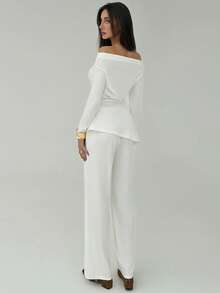 Aloruh Women's White Autumn Elegant Semi Formal Two Piece Pants Set,Ruched One-Shoulder Irregular Hem Top & Draped Straight-Leg Pants Office Party Outfit - White - View 2