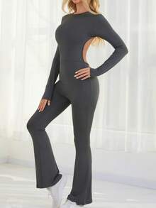 INAWLY Women's Solid Color Backless Flare Jumpsuit Fall Cloth For Women - Grey - View 4