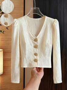 SHEIN Franclia Koszula damska z długim rękawem i dekoltem w serek, zapięcie na metalowe guziki, tkanina tkana, codzienna i modna odzież