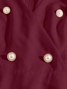 Qadelle Women's Elegant Vintage V-Neck Double-Breasted Long Sleeve Fitted Flared Hem Dress, Minimalist Chic For Daily Commute - Burgundy - View 6