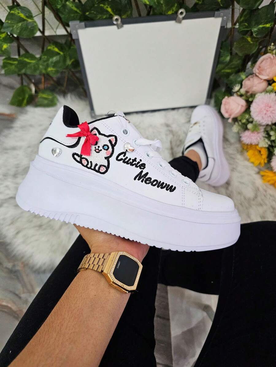 Tenis de Dama Cómodos y Ligeros Con Plataforma Blancos Diseño de Gatito Moño Antideslizante Combina con cualquier Outfit Al aire libre Casual Casa , gym para Caminar Escolar Todas las temporadas Con Cordones ajustables 507 - Blanco y Negro - Ver 1