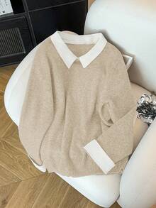 GlowEve CURVE Plus Size Women Crew Neck Patchwork Knit Sweater, Autumn/Winter - Khaki - View 1