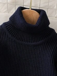 SHEIN Vintaside Kids Áo len cổ lọ trơn màu đa năng thường ngày cho bé gái, mùa thu/đông - Màu xanh hải quân - Xem 3