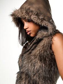 SUMWON WOMEN 人造毛皮连帽背心无袖外套拉链前开襟冬季叠穿单品秋季时尚马甲保暖舒适外套 - 棕色 - 查看 8