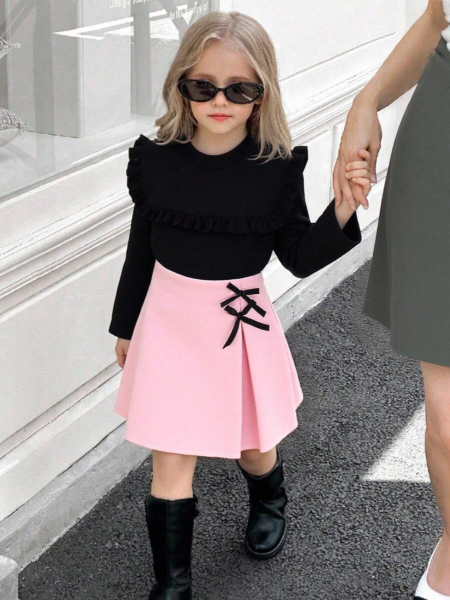 SHEIN Elladie kids 女童可爱黑色罗纹长袖上衣搭配蝴蝶结装饰开衩裙,秋冬T恤套装 - 粉色 - 查看 1