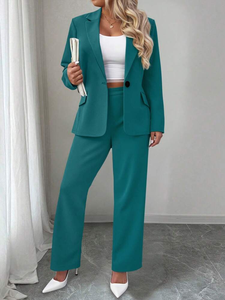 SHEIN Clasi Blazer casual monopetto a tinta unita con maniche lunghe, taglie comode - Verde - Visualizzare 4