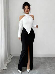 Gloray Thiết kế chắp vá khối màu đen trắng thu đông mới, xẻ cao gợi cảm, váy dài ôm sát vai xếp nếp, thanh lịch cho tiệc tùng, dạ hội, đám cưới, Halloween, Giáng sinh - màu đen - Xem 3