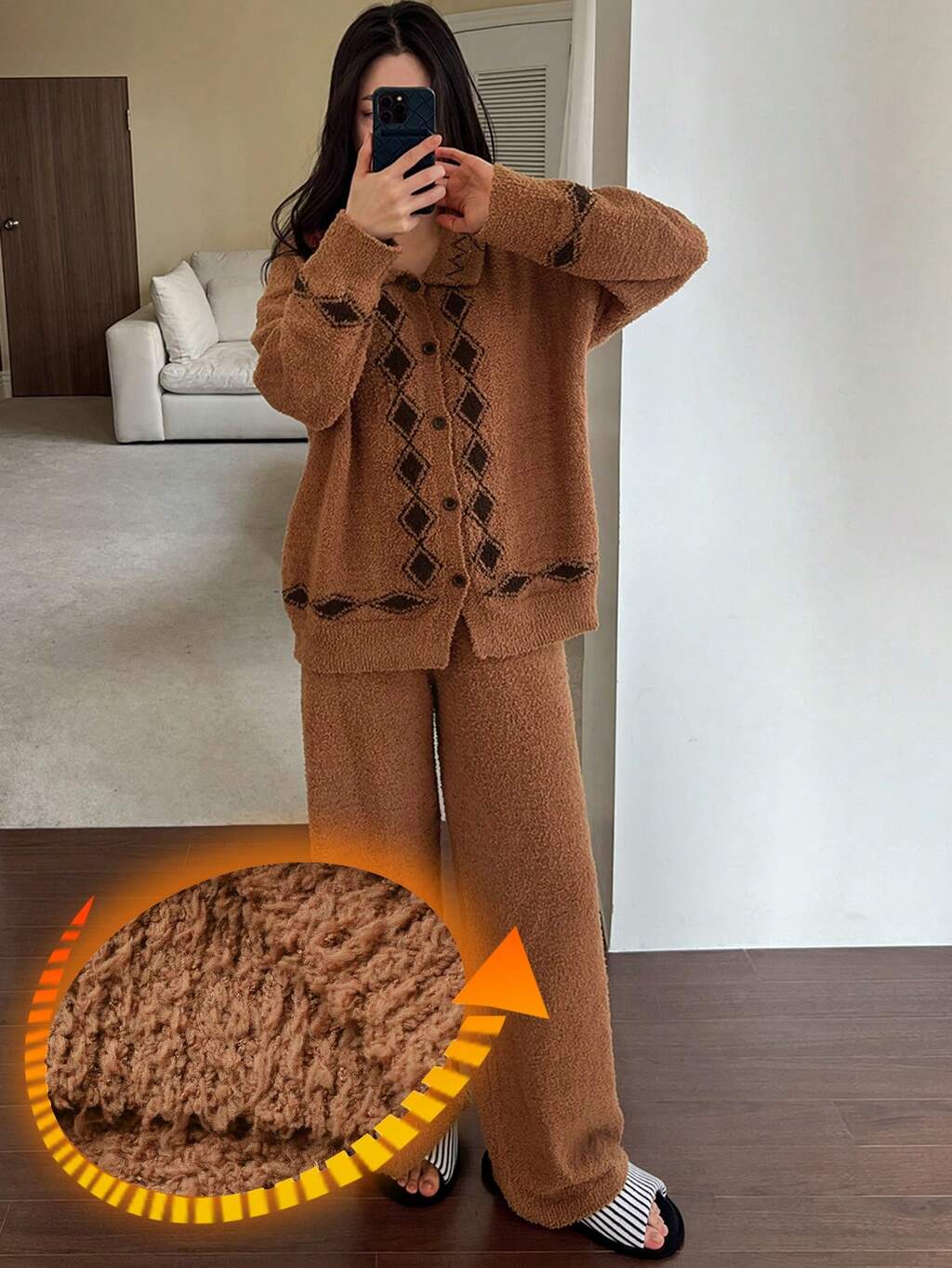 2pcs Women's Diamond Pattern Jacquard Thermal Lined Long Sleeve Top And Pants Pajama Set, Winter