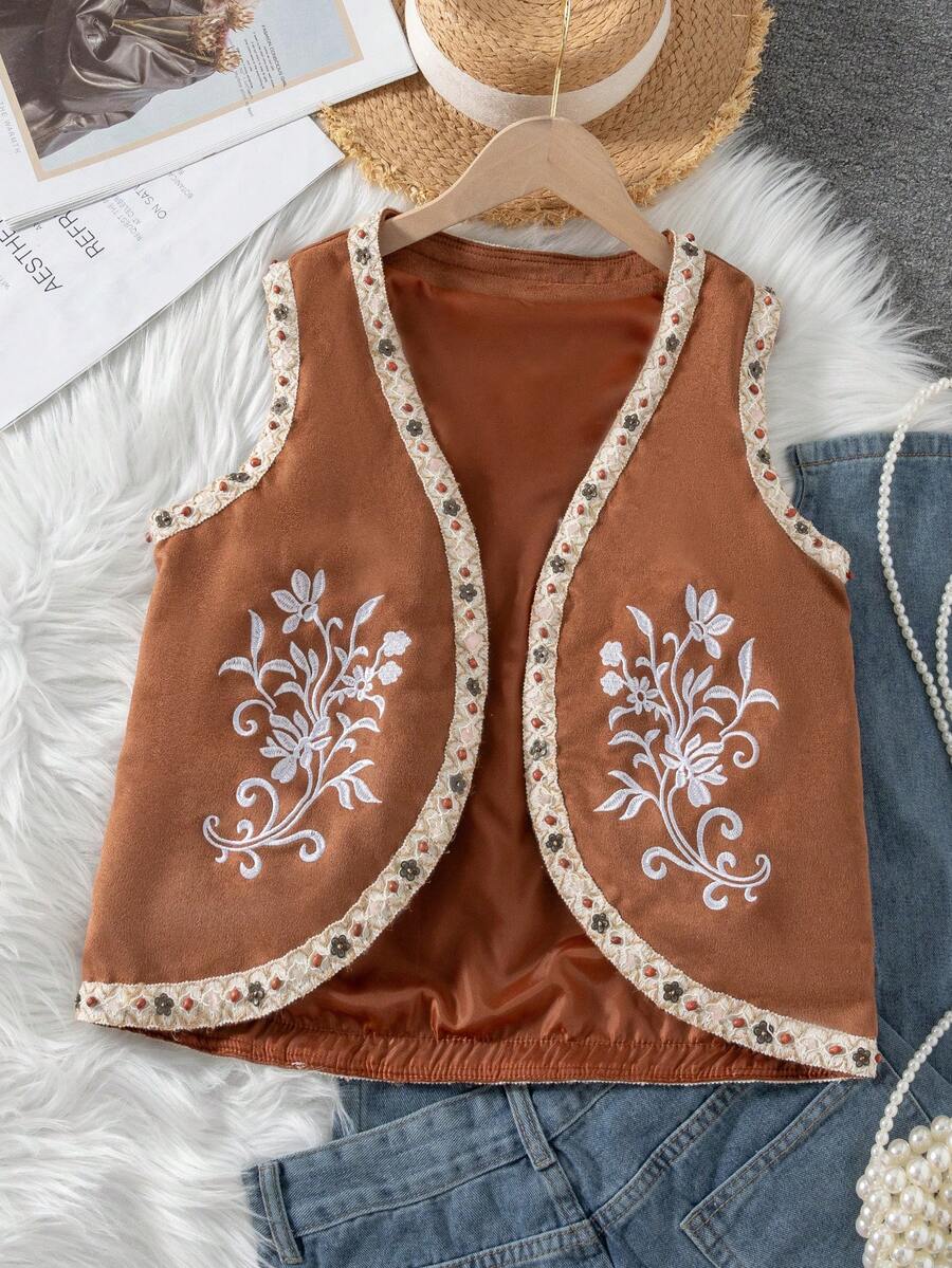 Vintage Embroidered Faux Suede Sleeveless Vest Jacket For Teen Girls - Brown - View 1