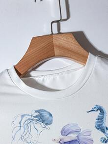 INAWLY Women's Summer Oceanic Creature Printed Round Neck Top Graphic Tees Women Tops - White - View 5
