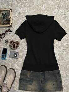 INAWLY Women's Floral Print Short Sleeve Drawstring Hooded Sweatshirt, Outdoor Sports Casual - Black - View 2