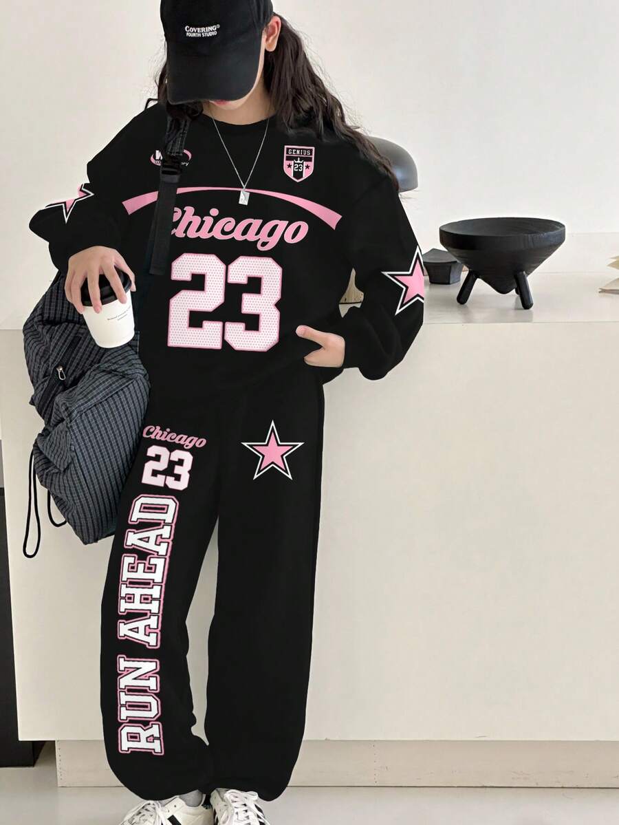 SHEIN Leap Crew Y2K 数字、字母和星星图案休闲街头服饰,嘻哈风格,少女加厚柔软宽松圆领长袖卫衣和运动裤套装,适合秋冬季日常穿着、运动和校园活动。 - 彩色 - 查看 1