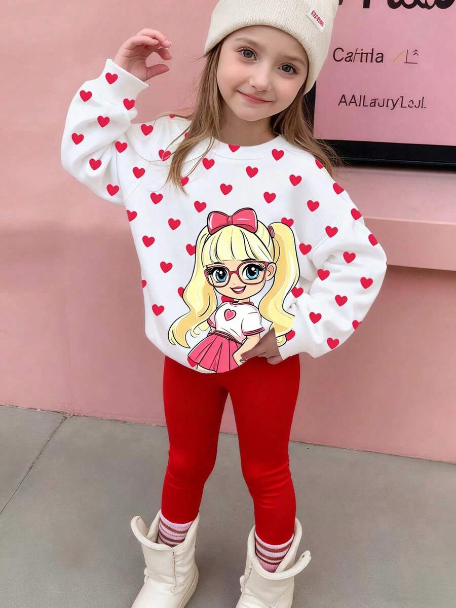 Bộ áo nỉ dài tay in họa tiết trái tim hoạt hình dễ thương, thoải mái, thời trang cho bé gái, thích hợp cho bé gái mặc ngoài trời và chơi thể thao vào mùa thu/đông - Đỏ - Xem 1