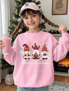 SHEIN Girls Merry Christmas Sweatshirt,Cute Light Pink Autumn Graphic Print,Warm Casual Fashion For Matching Family,Cartoon New Year Party Top - Pink - View 6