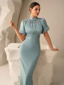 Coutiva Vestido elegante de cóctel de manga corta con cuello de solapas enjoyado, estilo de celebridad de lujo - verde menta - Ver 6