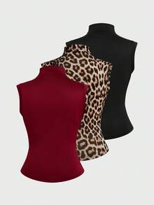 Sweetra Plus Size Camisole 3 Pieces Set, Mock Neck 3 Pieces Set, Multi-Color 3 Pieces Set - Multicolor - View 2