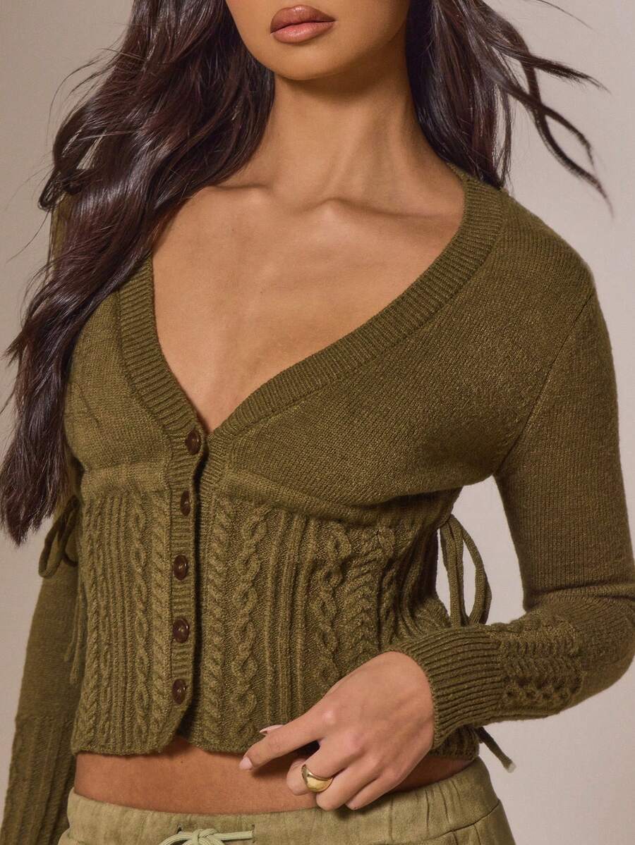 MUSERA 麻花针织衫，侧边系带设计，V领长袖，适合秋季、冬季，打造田园风、可爱舒适假日乡村风情。 - 軍綠色 - 查看 1