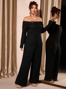 Cravure Plus Size Women Metal Decor Off-Shoulder Long Sleeve Top And Wide Leg Pants Fashionable 2 Pieces Set - Black - View 5