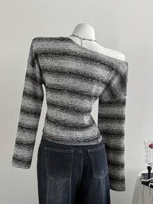 Elamini Áo len dệt kim kẻ sọc nhuộm đen xám, cổ vai bất đối xứng, tay dài, dáng ôm, dành cho nữ, Thu/Đông, Thời trang, Đi làm, Tối giản, Cổ điển, Học thuật, Tốt nghiệp, Trở lại trường, Hàng ngày, Đa năng, Hẹn hò - màu đen - Xem 2