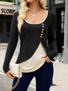 SHEIN LUNE Women's Elegant Casual Knit Button Contrast Color Long Sleeve T-Shirt - Black - View 4