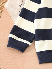 SHEIN Explorewe Young Boys' Cute Bear Graphic Colorblock Striped Crew Neck Long Sleeve Top,Solid Blue Slim Fit Pants,Casual Outfit For Summer,Family Matching Outings - Multicolor - View 5