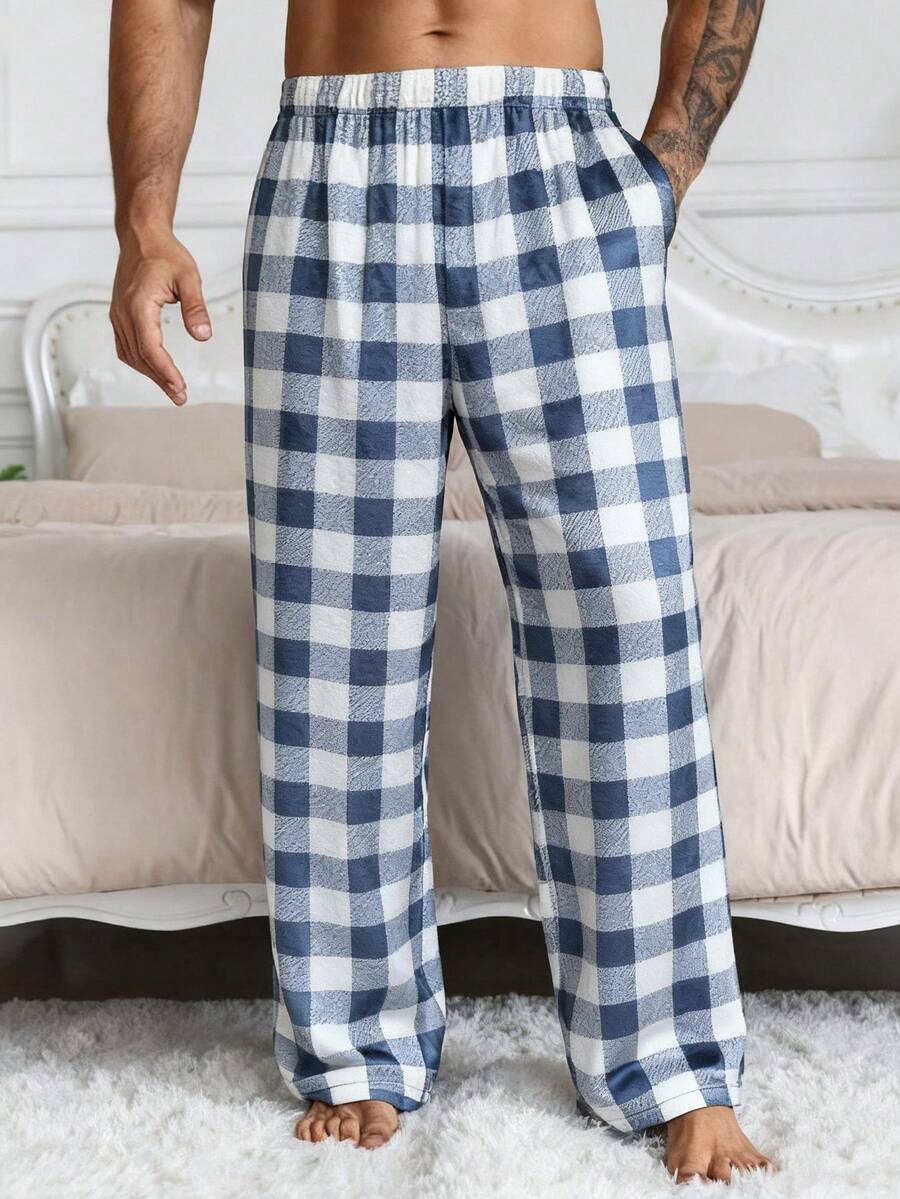 DAZY Men's Plaid Thermal Lined Fluffy Lounge Pants, Autumn/Winter - Royal Blue - View 1