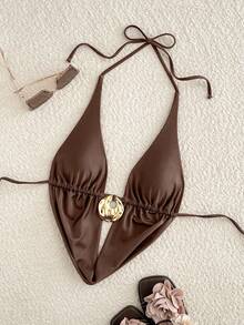 Swim SXY Áo bikini hở lưng cổ yếm màu trơn gợi cảm có điểm nhấn kim loại cho nữ, mùa xuân/hè - Cà phê nâu - Xem 3