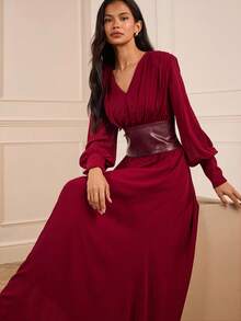 Lilora 女士V领褶皱长袖优雅系带连衣裙，适合通勤、冬季穿着，也适合新年穿着。红色连衣裙，收腰设计，PU拼接，优雅大方。 - 酒紅色 - 查看 6