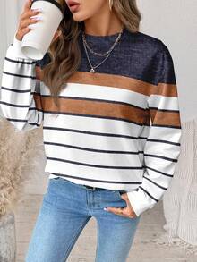 SHEIN LUNE Plus Size Women Striped Print Crew Neck Drop Shoulder Long Sleeve Casual Sweatshirt, Suitable For Autumn/Winter - Multicolor - View 3
