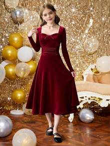 SHEIN Tween-Mädchen Lässiges, elegantes Maxikleid aus Samt mit herzförmigem Kragen und Schleifendekor, langärmliges Maxikleid mit taillierter Taille, rotes Maxikleid, burgunderfarbenes Maxikleid, formelles Kleid, geeignet für Weihnachten, Neujahr, Geburtstagsfeier, Prinzessinnenkleid - Bordeaux - Übersicht 3