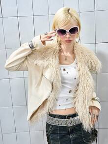ROMWE Avant Detachable Collar Zip-Up Short Jacket With Asymmetric Placket, Mustard Yellow - Pale Yellow - View 11