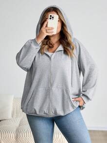 SHEIN CURVE+ 大码拉链插肩袖抽绳卫衣，秋季上衣，秋季女装/冬季 - 淺灰色 - 查看 6
