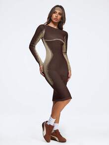 Gameset SHEIN Sport Damen-Sportkleid mit Farbblock-Design, Rundhalsausschnitt, langen Ärmeln und taillierter Passform - Braun - Übersicht 2