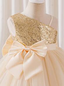 Glamorique Kids 圣诞节小女孩派对礼服、圣诞老人礼服、新年礼服、带大蝴蝶结的女孩公主蓬蓬裙、精美舞台表演服装 - 杏色 - 查看 5