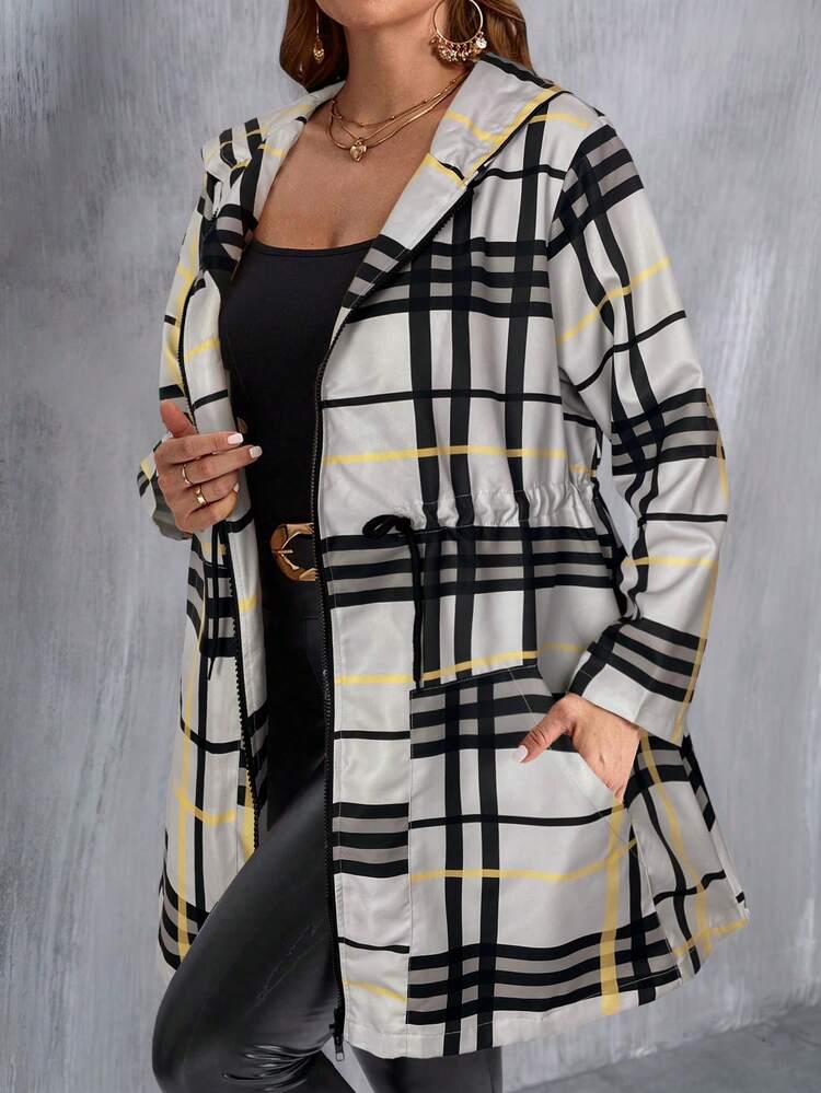 Plus Size Women Plaid Drawstring Waist Zip Up Casual Hooded Jacket,Winter Coat Women Plaid Long Hooded Jacket Women Fall Clothes Plaid Women Long Anorak Jacket Plaid Long Sleeve Outerwear