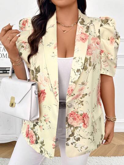 Elenzga Plus Size Woven Fabric Elegant Commuter Fashion Bestselling Printed Single-Breasted Pleated Puff Sleeve Women Blazer