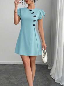 Chiquease Vestido corto con mangas cortas y decoración de botón con estilo chino retro - Celeste - Ver 1