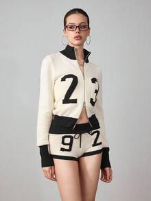 ROMWE Avant 2pcs Y2K Sporty Retro Numeral Cardigan & Shorts Set For Women - Apricot - View 6