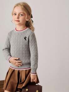 PrepCrw Sweater Rajut Kabel Bordir Lengan Panjang Kerah Bulat Cocok untuk Musim Semi, Musim Panas, Musim Gugur, Musim Dingin, Hadiah Natal yang Bagus untuk Anak Perempuan - Grey - View 4
