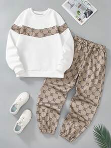 2pcs/Set Teenage Boys Retro Patchwork Design Crew Neck Sweatshirt And Drawstring Pants Outfit, Suitable For Autumn/Winter Layering With Jacket