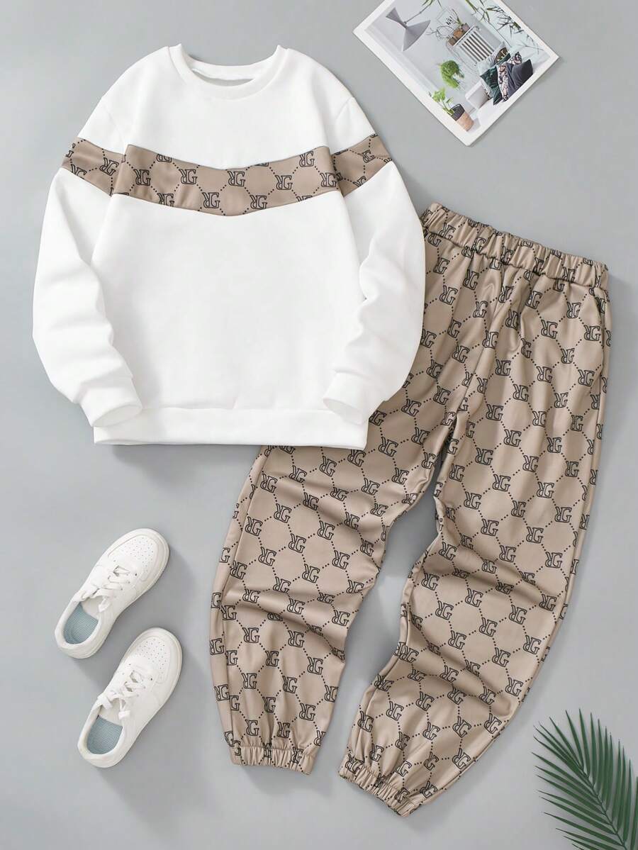 2pcs/Set Teenage Boys Retro Patchwork Design Crew Neck Sweatshirt And Drawstring Pants Outfit, Suitable For Autumn/Winter Layering With Jacket