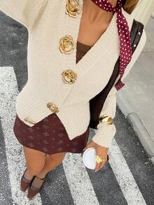 DAZY كارديجان أزرار بياقة على شكل وردة للنساء، موضة خريفية Y2K - أبيض - مشاهدة 1