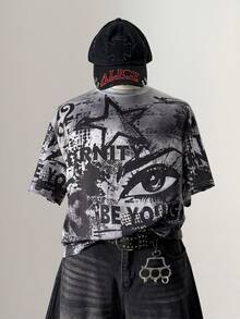 Manfinity Hypemode Men's Street Style Loose Graffiti Oversized Print Short Sleeve T-Shirt - Multicolor - View 1