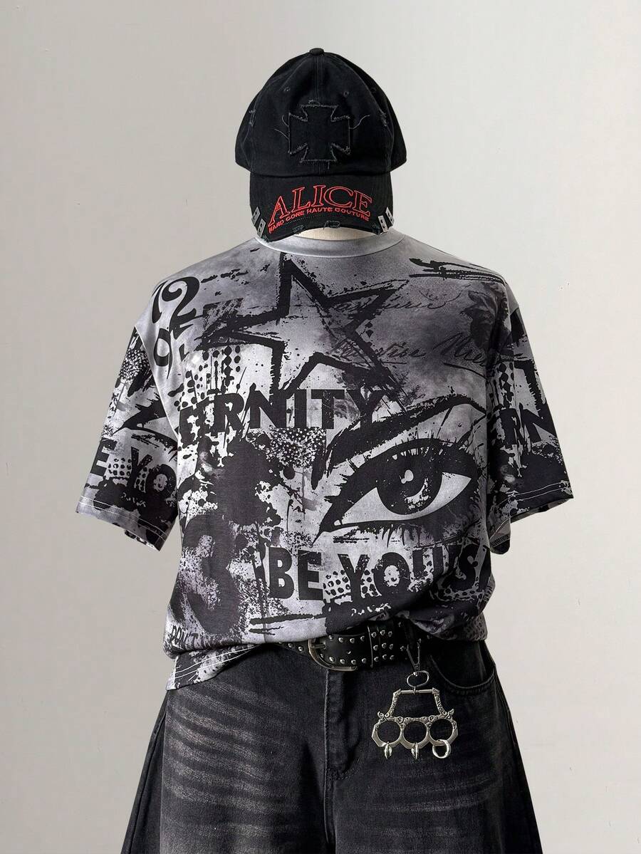 Manfinity Hypemode Men's Street Style Loose Graffiti Oversized Print Short Sleeve T-Shirt - Multicolor - View 1