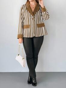 SHEIN Privé Women's Plus Size Striped Blazer - Brown - View 3
