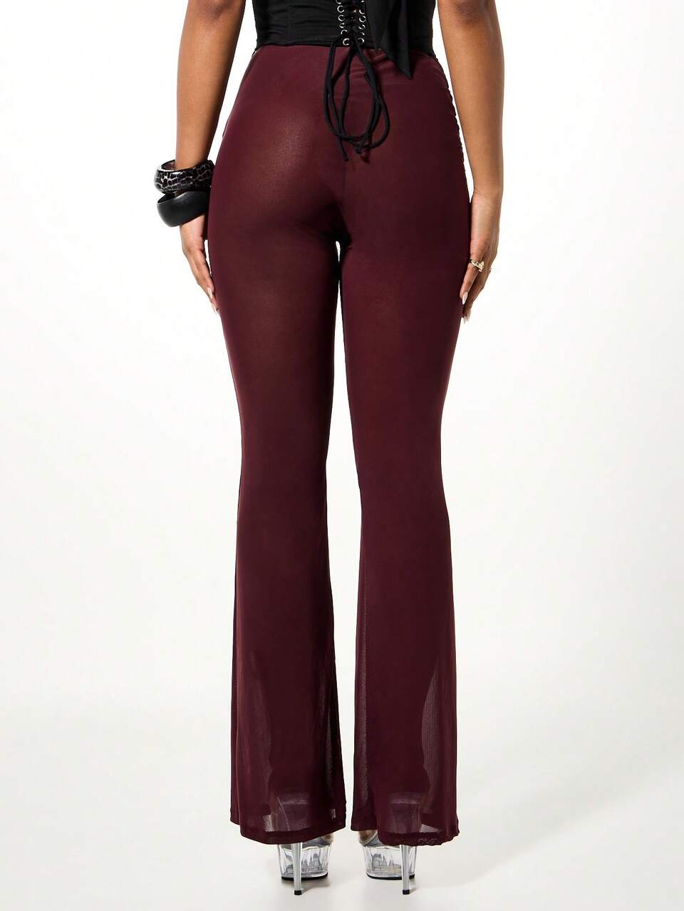 SUMWON High Rise Semi Sheer Mesh Panel Burgundy Flare Pants With Ruched Side Detail Fall Winter