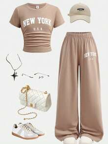 SHEIN Tween Girls Khaki Letter Print T-Shirt & Leggings 2 Pieces Set, Casual Daily Fashion Versatile - Khaki - View 3