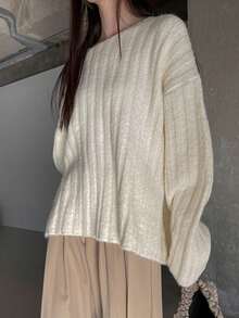 DAZY 女士宽松斜肩罗纹针织毛衣 - 白色 - 查看 4
