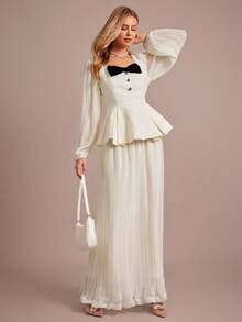Enchnt Women's 2-Piece Set Elegant Black And White Bow Decor Lantern Sleeve Ruffle Hem Top&Midi Pleated Skirt,Autumn Wedding Guest Commuting Outfit - Apricot - View 4
