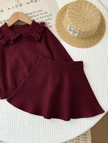 SHEIN 女童纯色彼得潘领休闲毛衣套装，秋冬季 - 酒紅色 - 查看 3